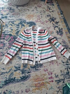 LOFT Striped Button-Up Cardigan in Cream with Multicolor Stripes